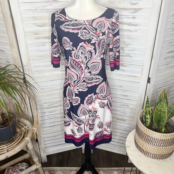 Eliza J Bold Floral Print Knee Length Shift Dress Navy 6 Elbow Sleeves 6 Bandana - Picture 15 of 15